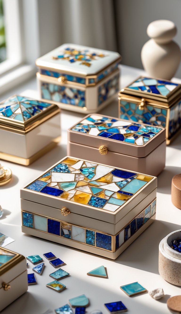 Several jewelry boxes decorated with colorful broken china mosaic patterns arranged on a table with crafting materials nearby.